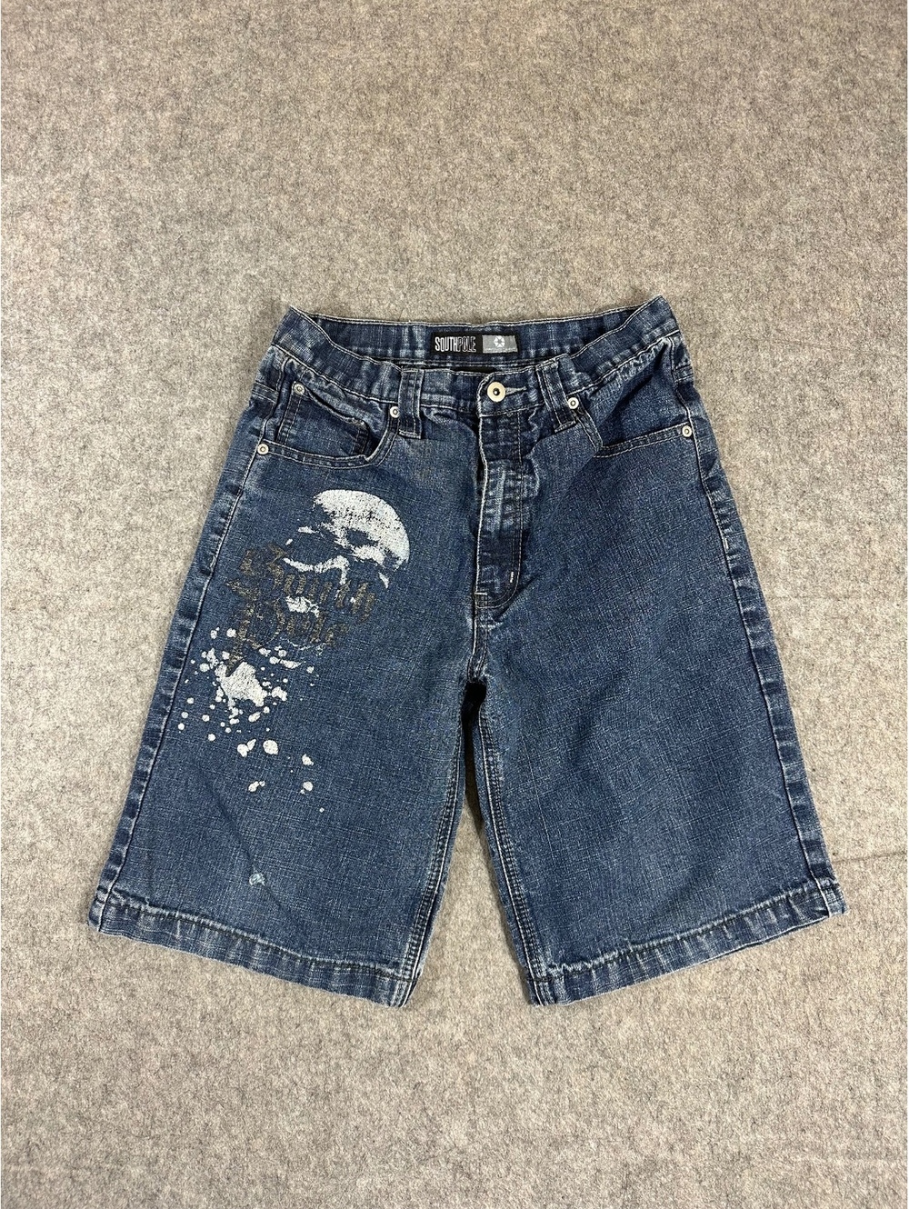 Southpole Youth Size 16 Blue Denim Shorts Skater Baggy Y2K Skull Jorts Spell Out